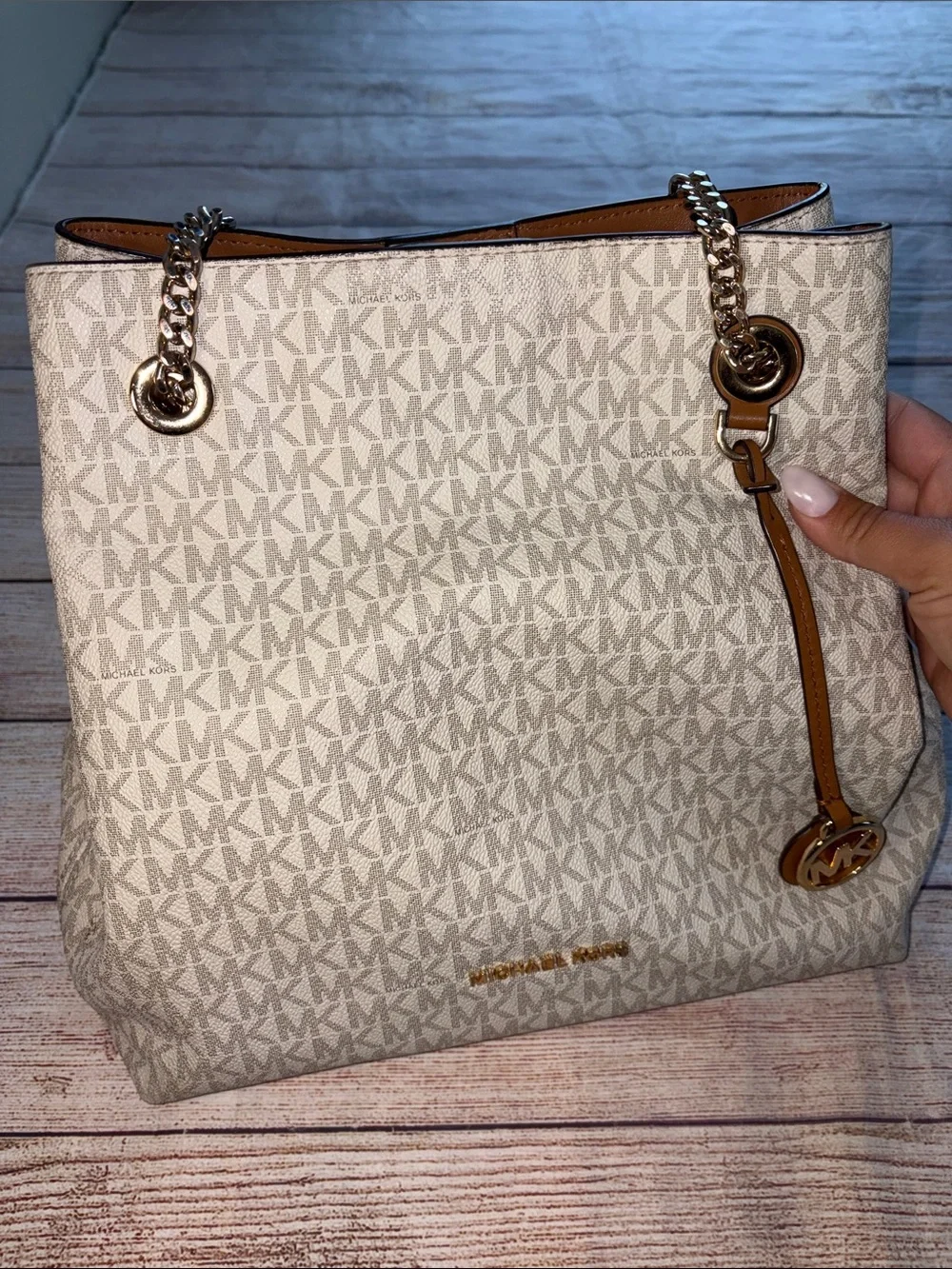 Michael Kors Cream Logo Shoulder or Crossbody Bag with Gold Accents and Chain
